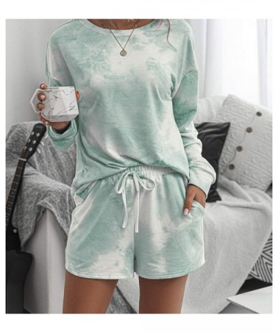 Women Tie-dye Lounge Set Long Sleeve Sweatshirt Tops with Shorts Pajamas Set Loungewear - Mint - CA19CD4N2AD $50.97 Sets