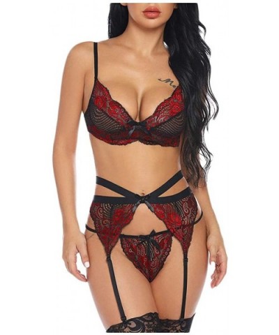 Women Embroidery Lace Bra Sexy Lingerie with Garter+Thong 3PCS Set Underwear - Red - CW1933SI2C6 $19.25 Nightgowns & Sleepshirts