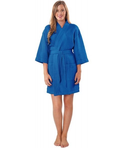 Lightweight Thigh Length Waffle Kimono Bridesmaids Spa Robe - Lapis Blue - CX186KWI9I3 $34.14 Robes