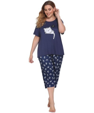 Women Plus Size Pajama Set Capri Short Sleeve Sleepwear Sets Print PJ set with Pockets - Navy Blue - C8194N7ET85 $54.47 Sets