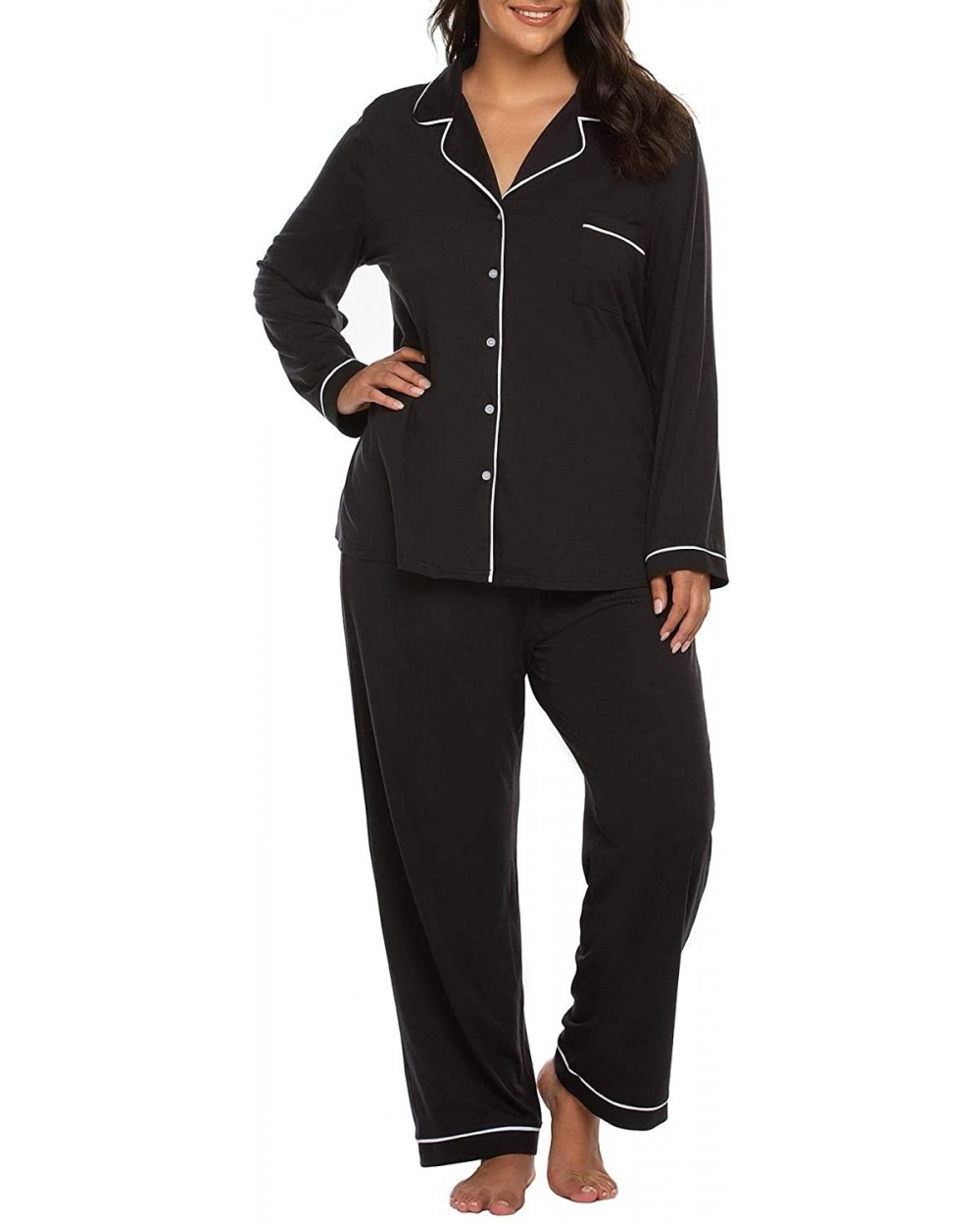 Women's Plus Size Pajamas Set Long Sleeve Sleepwear Button Down Night Shirt Soft Pjs Lounge Sets16W-28W - Black - CU18GNUWWAT...