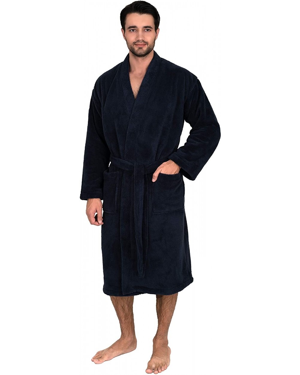 Men's Plush Spa Robe Fleece Kimono Bathrobe - Navy - CO11QU7BPRV $63.86 Robes