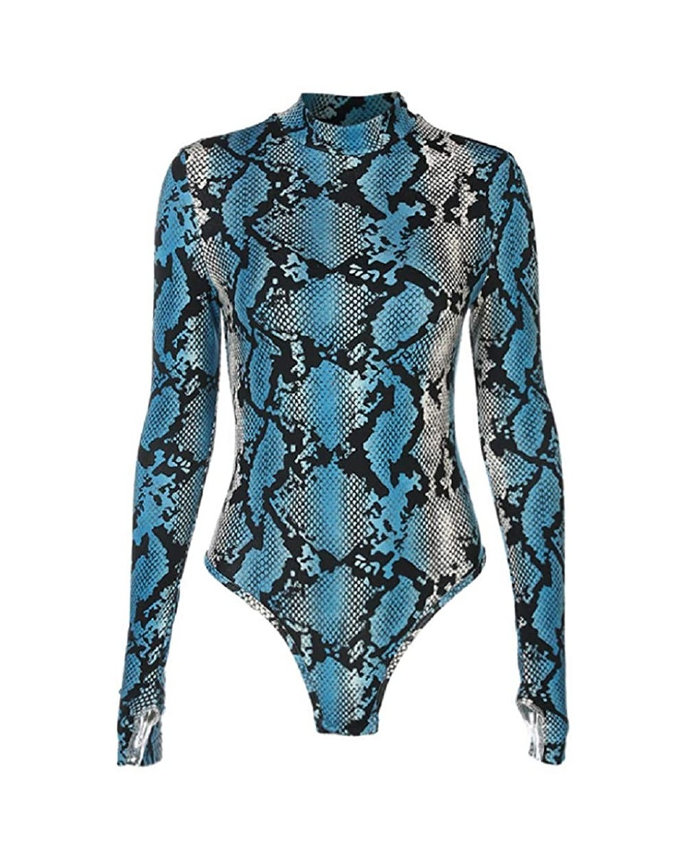 Womens Sexy Long Sleeve Snake Skin Print Bodysuit Jumpsuit Mock Neck Stretchy Leotard Tops Clubwear - Snake Print 2 - CM18KIW...