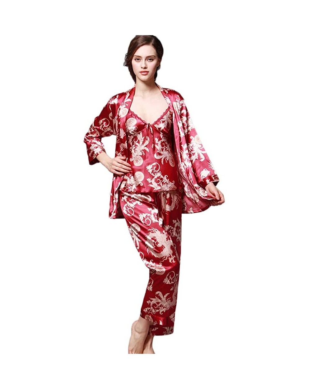 Fashion Women Printed Sleepwear Pajama Sets Three-Piece Long-Sleeved Trousers Camisole Nightwear - Wine - CU18QGQ0ETW $43.58 ...