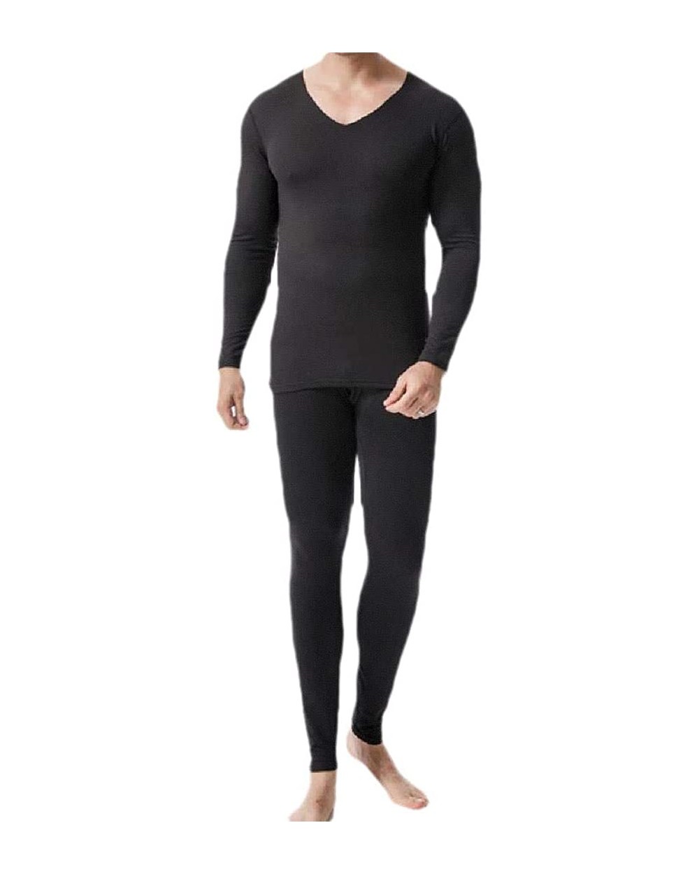 Mens Solid-Colored Mock Neck Warm Base Soft 2-Piece Thermal Underwears - Black - CN19D5XLK43 $56.30 Thermal Underwear