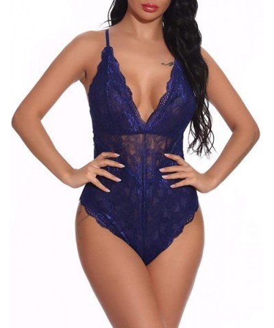 Women's Lace Teddy Babydoll Lingerie Chemises Sleepwear Snap Crotch Lingerie Sexy Bodysuit Deep V One Piece - Navy Blue - CF1...