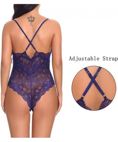 Women's Lace Teddy Babydoll Lingerie Chemises Sleepwear Snap Crotch Lingerie Sexy Bodysuit Deep V One Piece - Navy Blue - CF1...