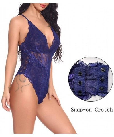 Women's Lace Teddy Babydoll Lingerie Chemises Sleepwear Snap Crotch Lingerie Sexy Bodysuit Deep V One Piece - Navy Blue - CF1...