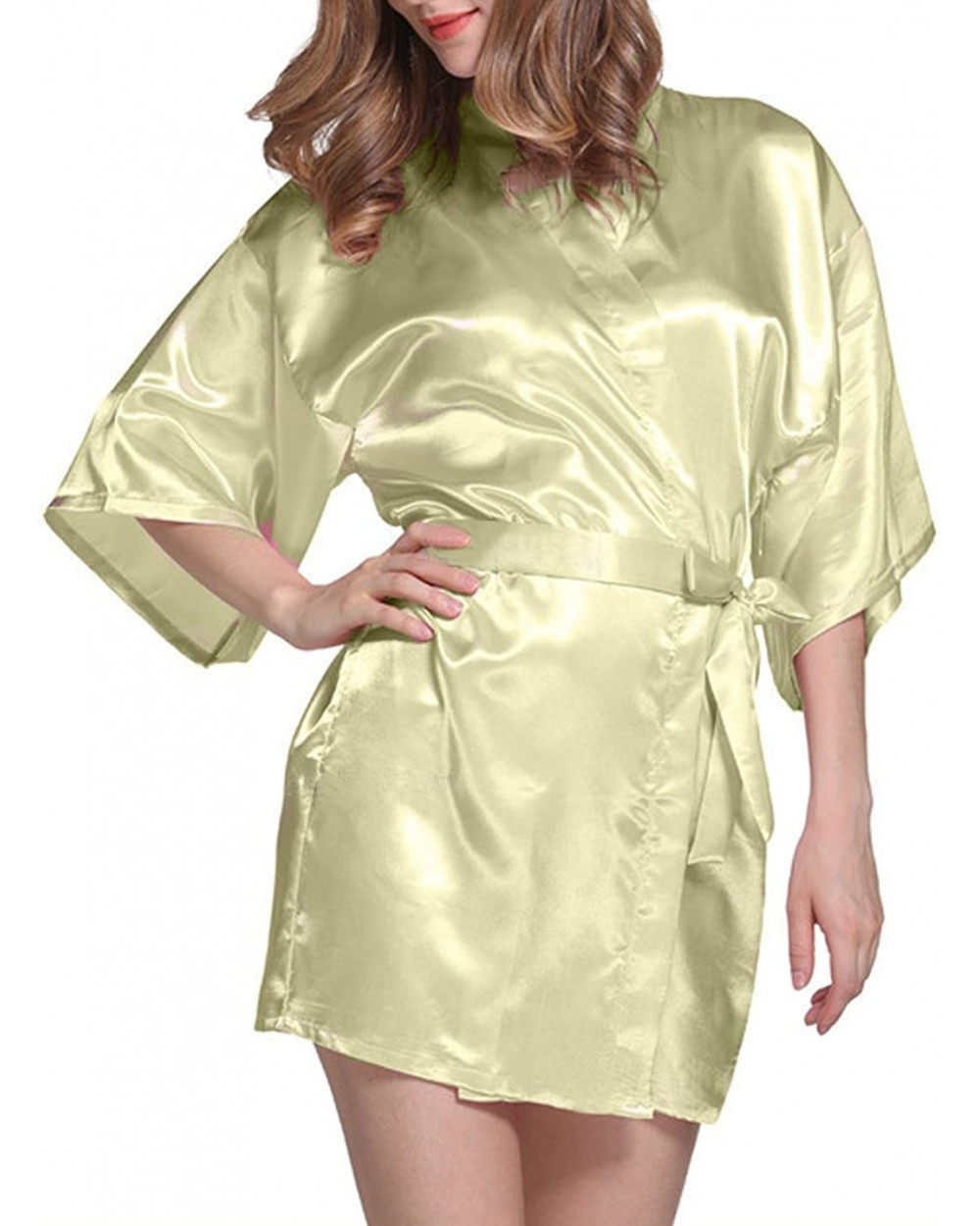 Women's Kimono Robes Satin Pure Colour Short Style with Oblique V-Neck - Greenyellow - C317YYXX6UG $50.31 Robes