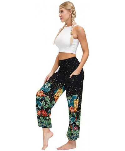 Yoga Pants for Women Hippie Capri Trousers Baggy Boho Floral Print Elastic Waist Casual Loose Harem Pants - A - CE19CMRS5AR $...