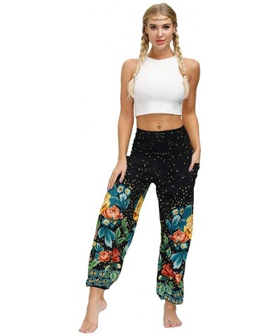 Yoga Pants for Women Hippie Capri Trousers Baggy Boho Floral Print Elastic Waist Casual Loose Harem Pants - A - CE19CMRS5AR $...