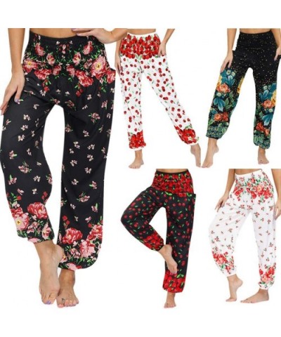 Yoga Pants for Women Hippie Capri Trousers Baggy Boho Floral Print Elastic Waist Casual Loose Harem Pants - A - CE19CMRS5AR $...