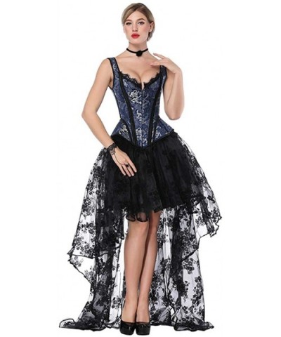 Women's Victorian Gothic Overbust Corset Bustier with Hi-Lo Skirt Set - Blue/Black - C218ND7KSYD $81.13 Bustiers & Corsets