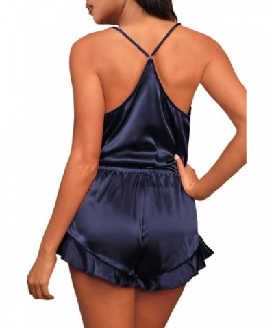 Women's 2 Piece Ruffle Sleeveless Short Pajamas Set Sexy Sling Nightwear Sleepwear Loungewear - Navy Blue - CE197XA7XES $33.7...