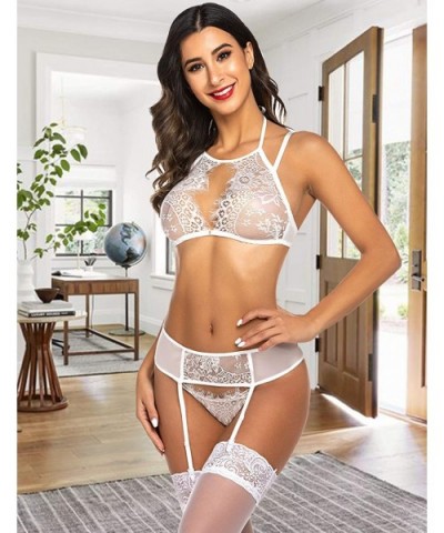 Women Lace Lingerie Set with Garter Belts Lace Teddy Babydoll Bodysuit (NO Stockings) - White - C3190HD8HAE $26.43 Baby Dolls...