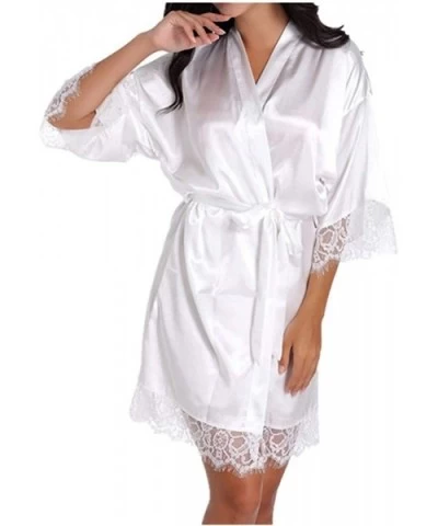 Women's Summer Thin Silk Bathrobe Mid-Knee Solid Lace Cropped Dressing Gown - White - CS19738LM3D $72.71 Robes