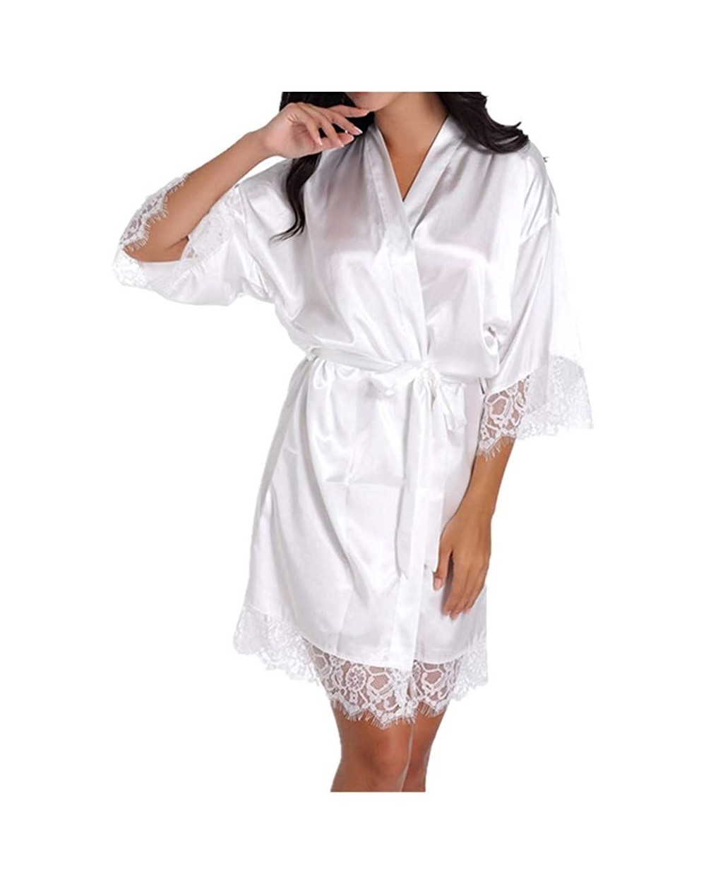 Women's Summer Thin Silk Bathrobe Mid-Knee Solid Lace Cropped Dressing Gown - White - CS19738LM3D $72.71 Robes