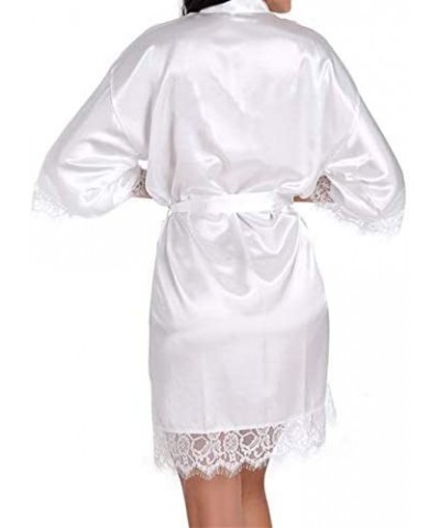 Women's Summer Thin Silk Bathrobe Mid-Knee Solid Lace Cropped Dressing Gown - White - CS19738LM3D $72.71 Robes