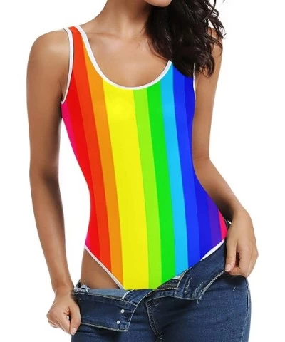 Women's Christmas Plaid Yellow Scoop Neck Tummy Control Sleeveless Sexy Bodysuit Jumpsuit - Colorful Striped Rainbow - C0195W...