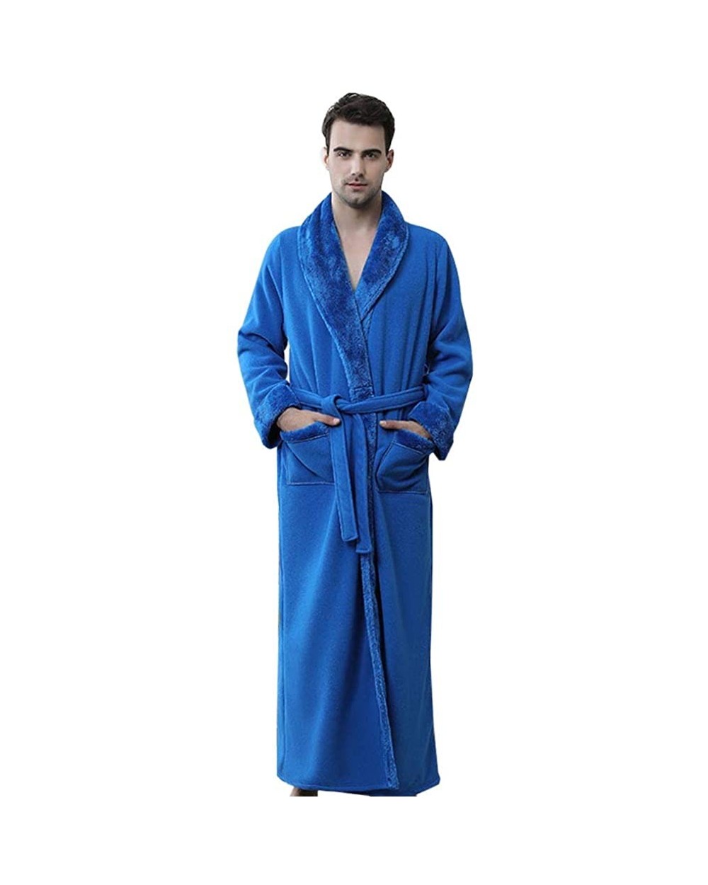 Mens Bathrobe Long Shawl Collar Plush Robe - Blue - CQ18Z8Z6K46 $53.90 Robes