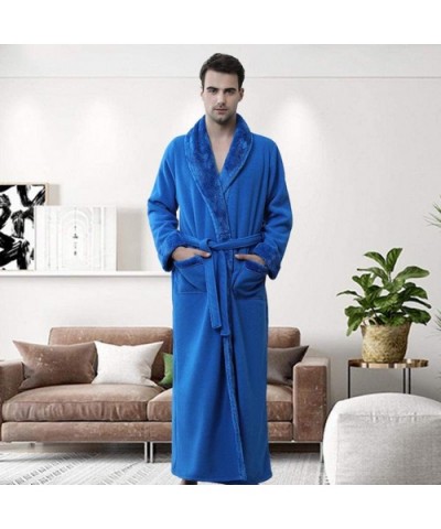 Mens Bathrobe Long Shawl Collar Plush Robe - Blue - CQ18Z8Z6K46 $53.90 Robes