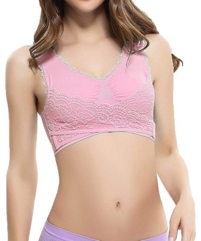 Women Seamless Lace Front Side Cross Buckle Bra Lace Bralette Removable Padded Sport Yoga Lounge Bra Bustier - Hot Pink - CU1...