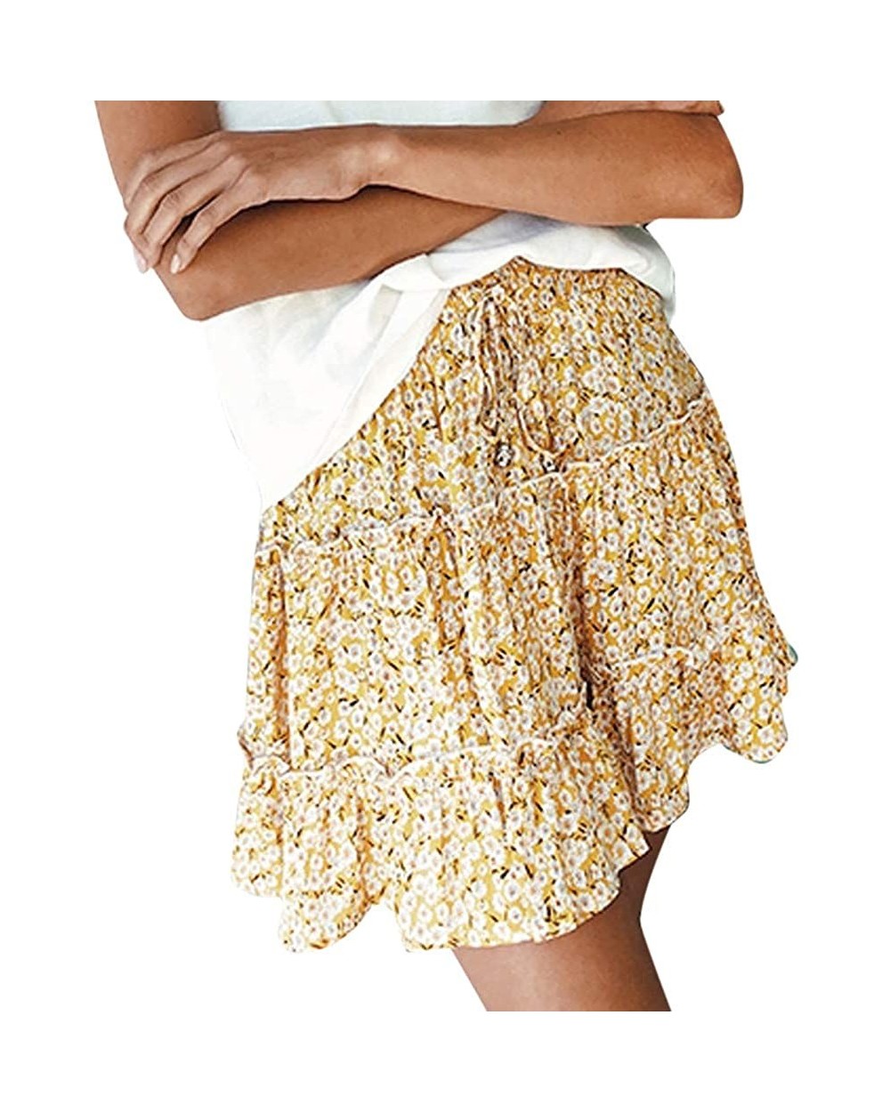 Women's Ruffle Floral Print High Waist Mini Skirt Casual Beach Cute Polka Pot Short Skirts with Bow - Gold - CK196N3OXI8 $22....