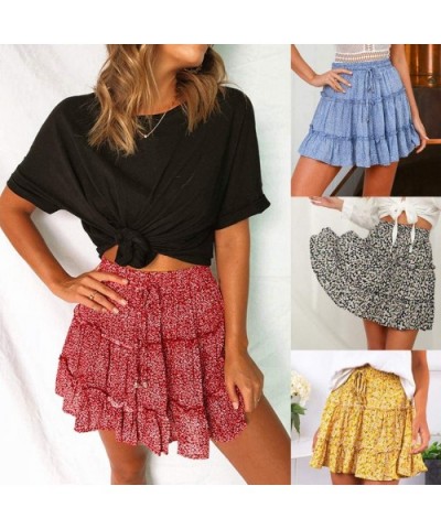 Women's Ruffle Floral Print High Waist Mini Skirt Casual Beach Cute Polka Pot Short Skirts with Bow - Gold - CK196N3OXI8 $22....