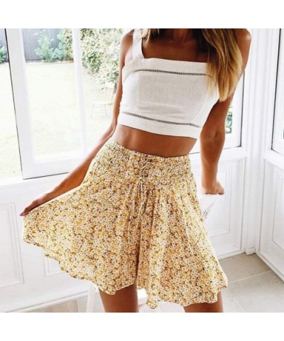 Women's Ruffle Floral Print High Waist Mini Skirt Casual Beach Cute Polka Pot Short Skirts with Bow - Gold - CK196N3OXI8 $22....