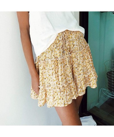 Women's Ruffle Floral Print High Waist Mini Skirt Casual Beach Cute Polka Pot Short Skirts with Bow - Gold - CK196N3OXI8 $22....