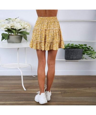 Women's Ruffle Floral Print High Waist Mini Skirt Casual Beach Cute Polka Pot Short Skirts with Bow - Gold - CK196N3OXI8 $22....