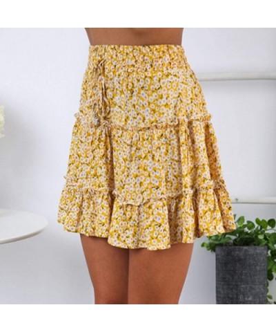 Women's Ruffle Floral Print High Waist Mini Skirt Casual Beach Cute Polka Pot Short Skirts with Bow - Gold - CK196N3OXI8 $22....