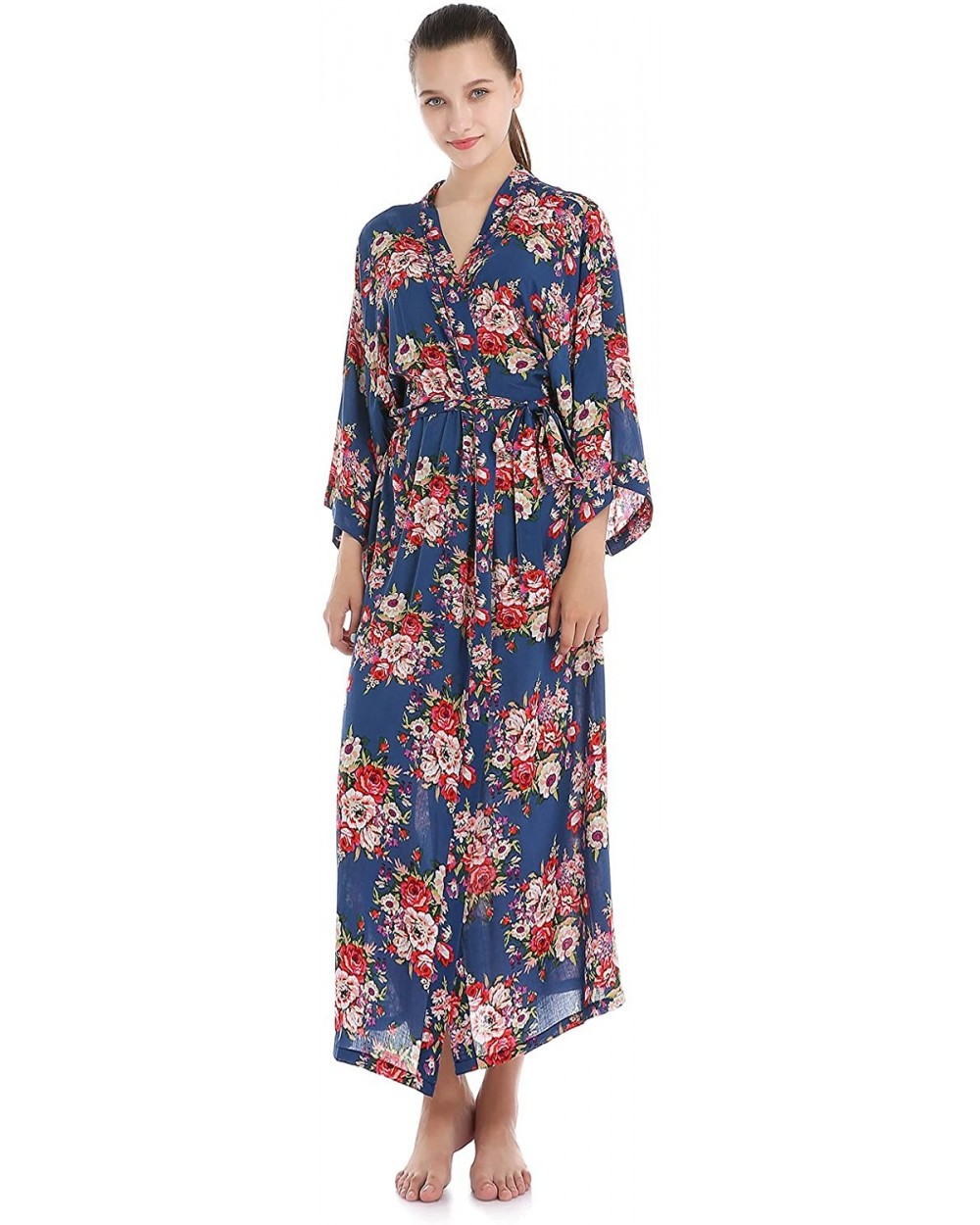 Women Robe Floral Kimono Long Robe Cotton Bathrobe Wedding Bridesmaids Robe - Blue - CU18H06HLUR $38.11 Robes