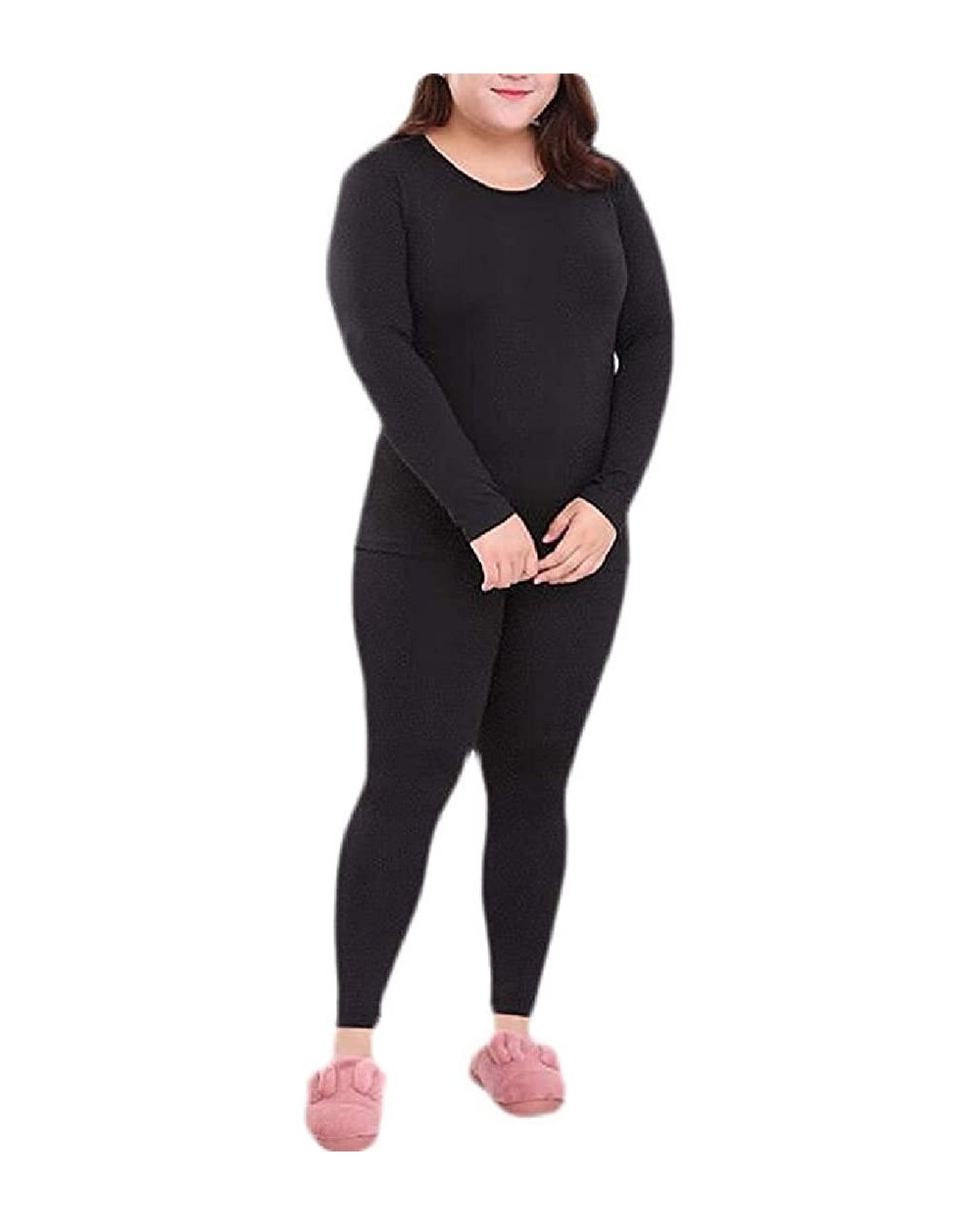 Women Fall Winter Solid Color Plus Size Lightweight Thermal Underwear Soft Long Johns - Black - CX193LQKRT0 $43.99 Thermal Un...