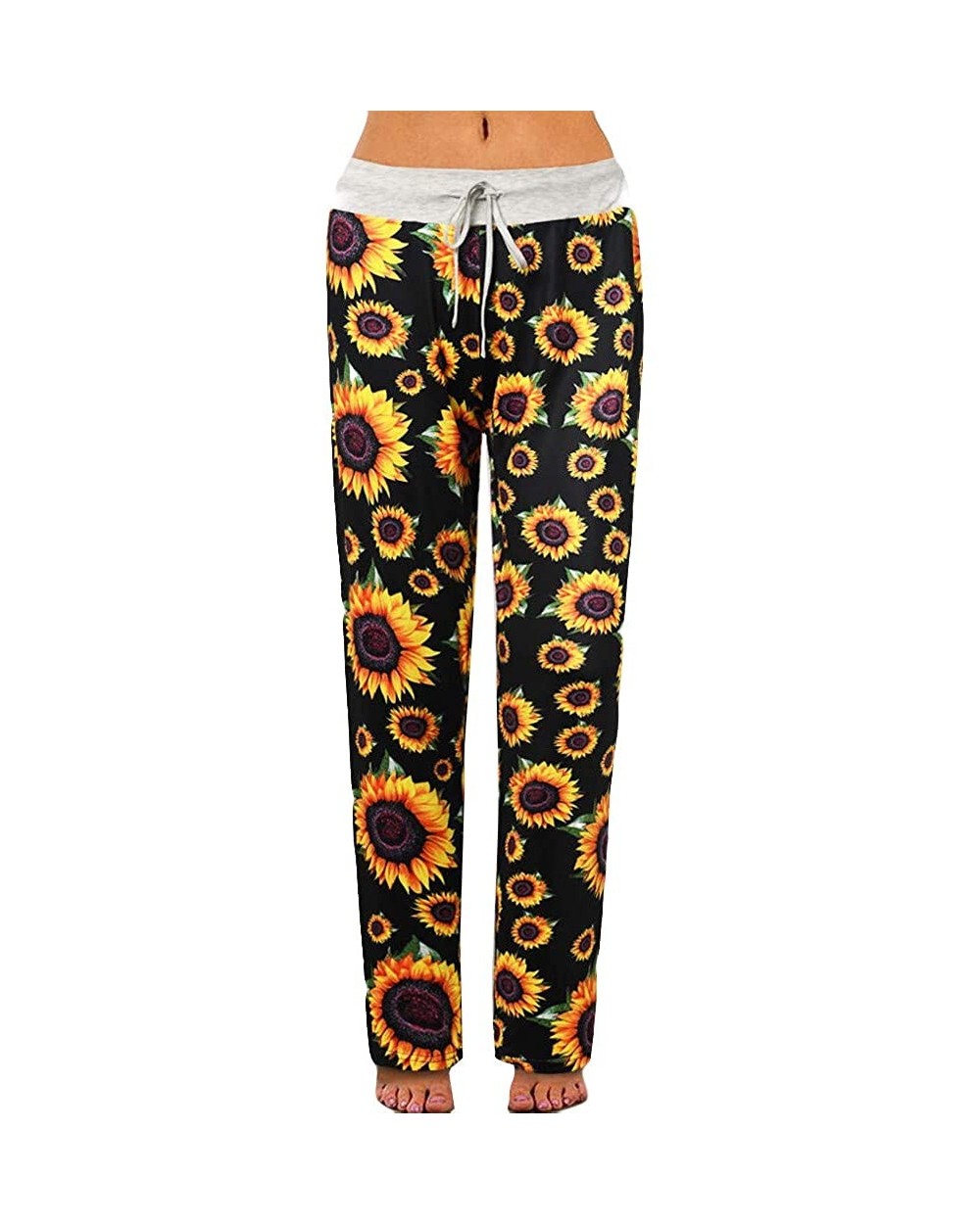 Lounge Pants-Comfy Stretch Sunflower Print Drawstring Palazzo Wide Leg Yoga Pants - Black1 - C01905E3S5R $35.76 Bottoms