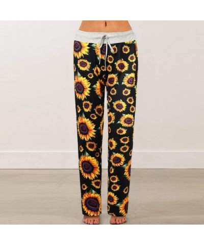 Lounge Pants-Comfy Stretch Sunflower Print Drawstring Palazzo Wide Leg Yoga Pants - Black1 - C01905E3S5R $35.76 Bottoms