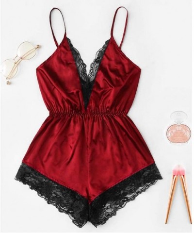 Lingerie- Fashion Women Sexy Lingerie Girl V-Neck Lace Splice Bodysuit Sleepwear Bodydoll - Red - CZ19645O7XE $13.61 Garters ...