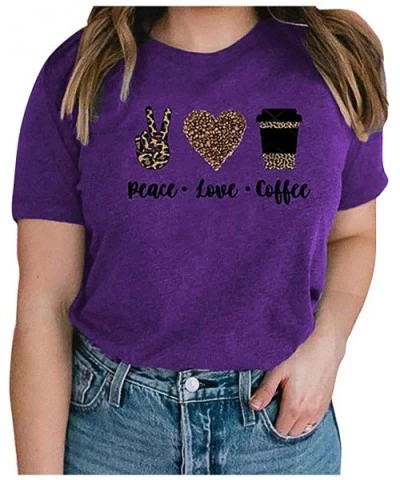 Fashion Women's O-Neck Leopard Letter Print Short Sleeves T-Shirt Blouse Tops - Purple - CV197EQSH00 $18.70 Thermal Underwear