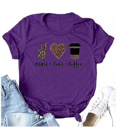 Fashion Women's O-Neck Leopard Letter Print Short Sleeves T-Shirt Blouse Tops - Purple - CV197EQSH00 $18.70 Thermal Underwear