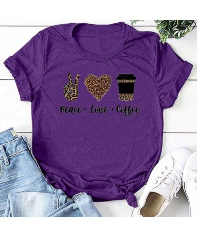 Fashion Women's O-Neck Leopard Letter Print Short Sleeves T-Shirt Blouse Tops - Purple - CV197EQSH00 $18.70 Thermal Underwear