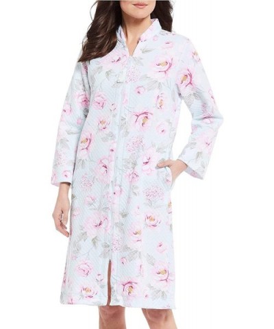 Quilt-in-Knit Floral Print Zip-Front Short Robe - Blue Floral Print - CW1905986O9 $73.48 Robes