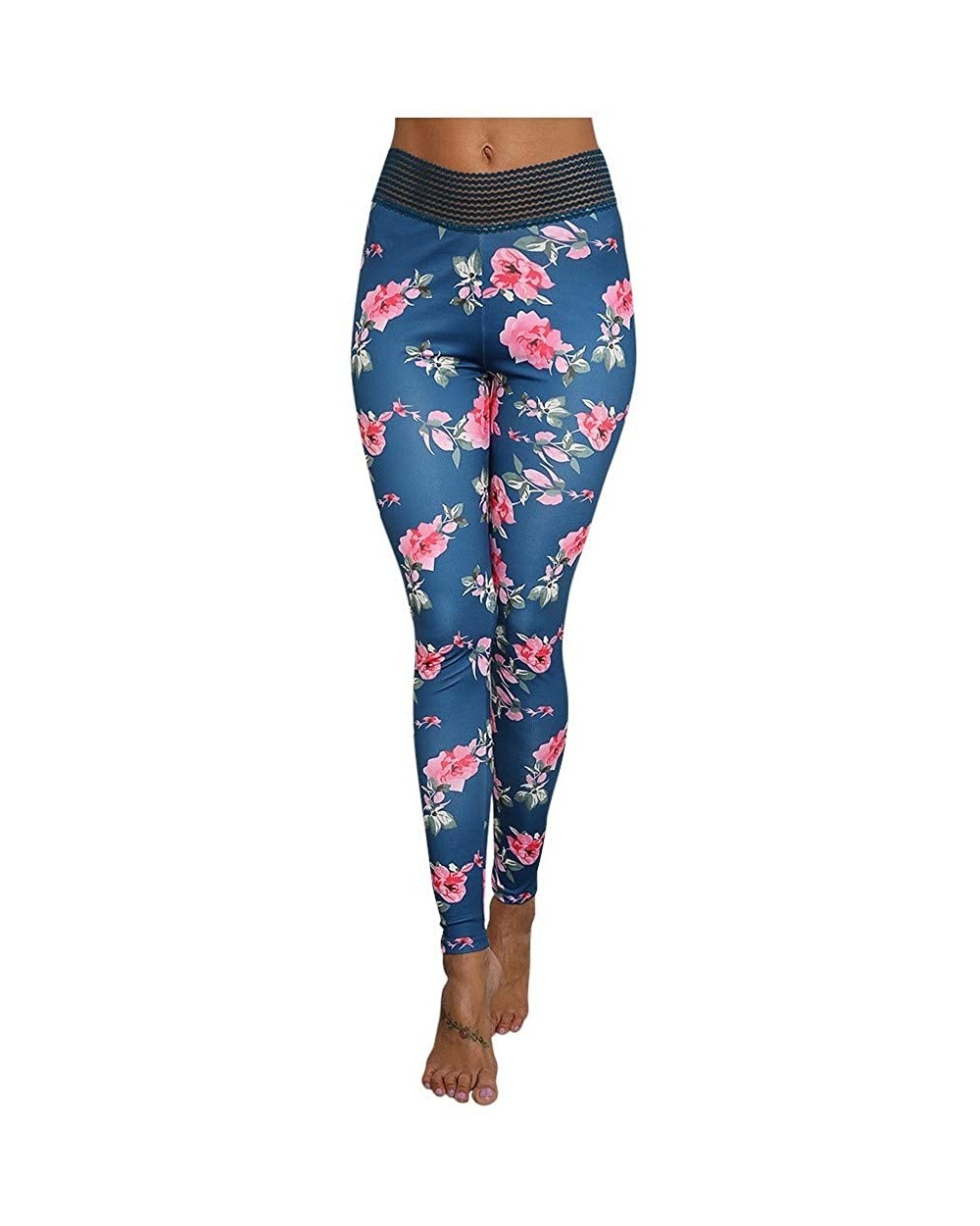 Vielsports Exercise Yoga Pants for Women Workout Tights Pants High Waisted Leggings Dance Outfit Floral Print Blue - CO1945TC...