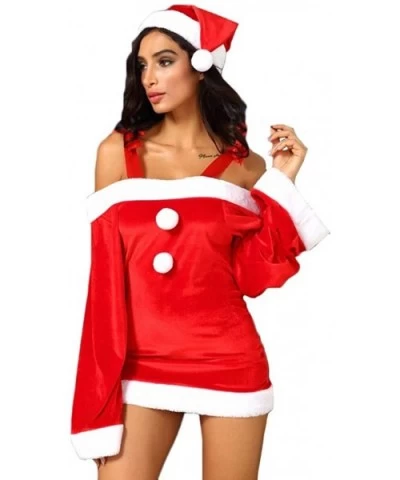 Women Christmas Hat Festival Flare Sleeve Off-Shoulder Dress Ball Gown Dress Lingerie Pajamas - Red - C918ZAI5XLX $36.37 Bras