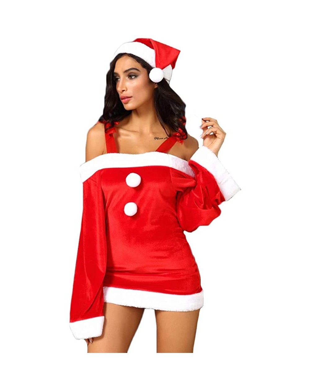 Women Christmas Hat Festival Flare Sleeve Off-Shoulder Dress Ball Gown Dress Lingerie Pajamas - Red - C918ZAI5XLX $36.37 Bras