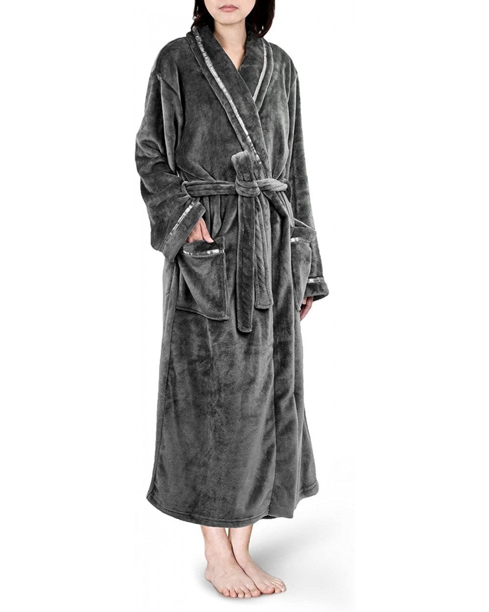 Premium Women Fleece Robe with Satin Trim | Luxurious Super Soft Plush Bathrobe - Grey - CD18984T088 $37.95 Robes