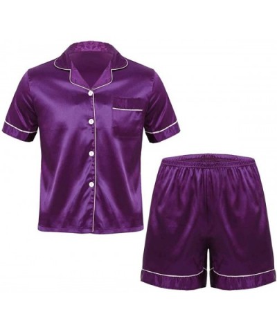 Men's Silky Satin Solid Pajamas Set Notch Collar Short Sleeves Top Shirts with Boxer Shorts - Purple - CE1993YH2I2 $44.67 Sle...