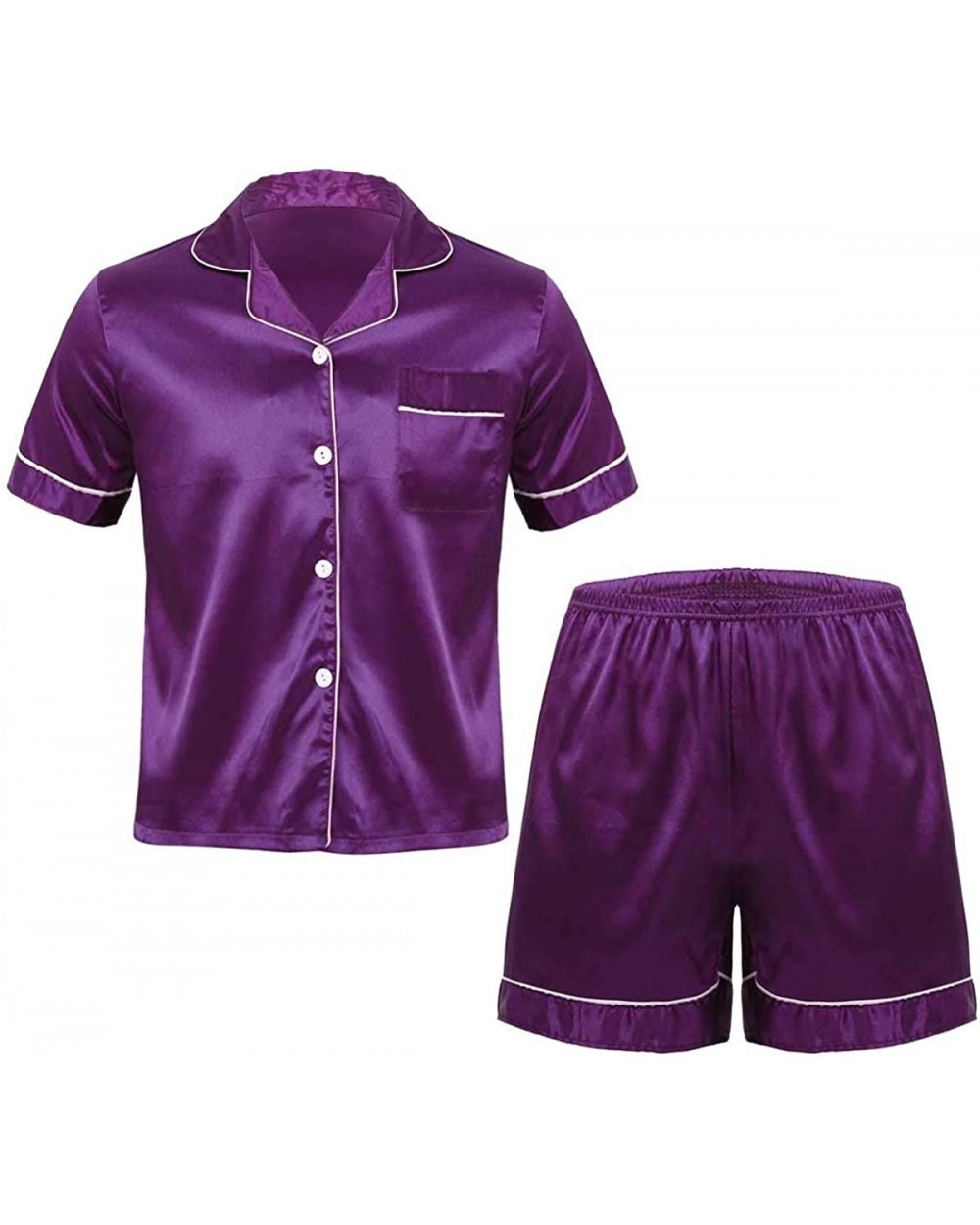 Men's Silky Satin Solid Pajamas Set Notch Collar Short Sleeves Top Shirts with Boxer Shorts - Purple - CE1993YH2I2 $44.67 Sle...