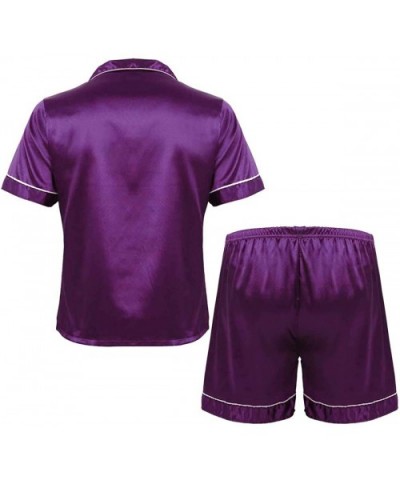 Men's Silky Satin Solid Pajamas Set Notch Collar Short Sleeves Top Shirts with Boxer Shorts - Purple - CE1993YH2I2 $44.67 Sle...