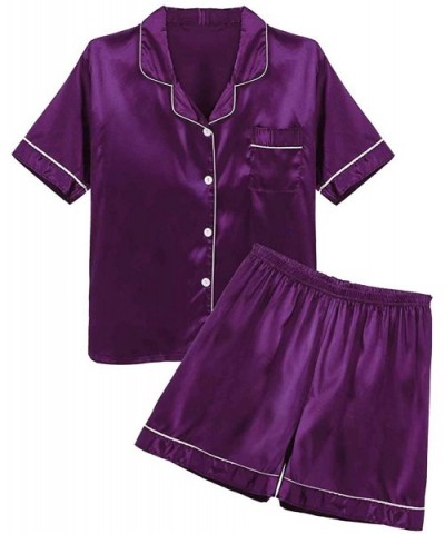 Men's Silky Satin Solid Pajamas Set Notch Collar Short Sleeves Top Shirts with Boxer Shorts - Purple - CE1993YH2I2 $44.67 Sle...