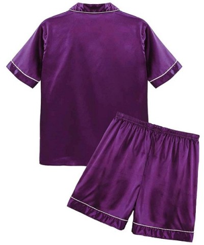 Men's Silky Satin Solid Pajamas Set Notch Collar Short Sleeves Top Shirts with Boxer Shorts - Purple - CE1993YH2I2 $44.67 Sle...